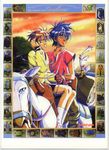  1girl 90s absurdres artist_request black_hair brown_eyes brown_hair couple green_eyes hetero highres italian kanzaki_hitomi newtype official_art ranguage scan school_uniform short_hair sunset sword tarot tenkuu_no_escaflowne van_fanel weapon 