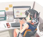  4chan black_hair bugs_bunny bunny_headphones chair computer corded_phone eating food futaba_channel green_eyes headphones internet keyboard_(computer) komica looking_back looney_tunes man_(trance) monitor office panties pen phone pocky sitting solo underwear white_panties 