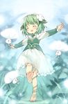  bad_id bad_pixiv_id barefoot blush dress eyebrows feet green_hair happy kinoko-san kito_(sorahate) original short_hair short_twintails solo twintails 