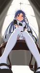  blue_hair blush brown_eyes chihaya_72 foreshortening from_below idolmaster idolmaster_(classic) idolmaster_live_for_you! kisaragi_chihaya long_hair maid sitting solo thighhighs white_legwear window 