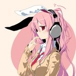  alphes_(style) animal_ears azuma_seiji blush bunny_ears colorized headphones long_hair mahan parody pink_hair red_eyes reisen_udongein_inaba solo style_parody sweater touhou 