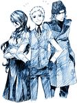  2boys aragaki_shinjirou bangs blue coat crossed_arms curly_hair friends fujico hair_over_one_eye hands_in_pockets hands_on_hips kirijou_mitsuru long_hair looking_at_viewer looking_to_the_side monochrome multiple_boys pants persona persona_3 ribbon sanada_akihiko school_uniform short_hair sketch smile sweater_vest 