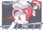  absurdres black_hair blush boots christmas highres kantoku one_eye_closed original panties red_eyes santa_costume smile solo thighhighs underwear white_panties 