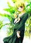  blonde_hair flower leaf maria-sama_ga_miteru onsokuzekuu school_uniform serafuku smile solo sunlight toudou_shimako tree yellow_eyes 