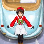  antenna_hair bad_id bad_pixiv_id beret brown_eyes brown_hair car christmas ground_vehicle hat idolmaster idolmaster_(classic) idolmaster_1 isozaki_bebebe kikuchi_makoto motor_vehicle on_vehicle pantyhose santa_costume short_hair sitting skirt snow solo 