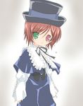  bad_id bad_pixiv_id blue_dress brown_hair collar core_(mayomayo) cowboy_shot doll dress frills green_eyes heterochromia long_sleeves looking_at_viewer red_eyes rozen_maiden short_hair simple_background solo souseiseki white_background 