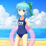  arms_behind_back beach blue_eyes blue_hair blue_sky bow cato_(monocatienus) cirno cloud collarbone covered_navel day grin hair_bow ice ice_wings innertube looking_at_viewer ocean one-piece_swimsuit outdoors school_swimsuit sky smile solo swimsuit touhou water wings 