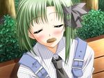  1girl 4:3 bench blush cookie food game_cg green_hair mouth_hold necktie shigure_asa shuffle! 