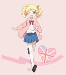  :d alice_cartelet bad_id bad_pixiv_id blonde_hair blue_eyes blush chopsticks clenched_hand girly_running hair_ornament heart kin-iro_mosaic one_eye_closed open_mouth running school_uniform short_hair skirt smile solo thighhighs twintails ume_(plumblossom) union_jack white_legwear wrist_extended 