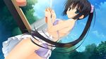  amagiri_yune amairo_islenauts apron ass bikini black_hair blue_bikini carrot dutch_angle from_behind game_cg green_eyes kitchen_knife lens_flare long_hair muririn nearly_naked_apron ponytail pot purple_bikini smile solo standing sunlight swimsuit very_long_hair 