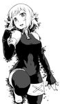  armlet bare_shoulders blush boots breasts covered_navel cra elbow_gloves evangelyne fingerless_gloves freckles gloves greyscale leotard lying medium_breasts monochrome on_back pointy_ears solo thigh_boots thighhighs tsukudani_(coke-buta) wakfu 