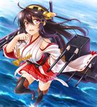  :d bare_shoulders black_hair blush boots breasts detached_sleeves hairband haruna_(kantai_collection) japanese_clothes kantai_collection large_breasts long_hair looking_at_viewer nontraditional_miko ocean okitakung open_mouth red_eyes skirt smile solo thigh_boots thighhighs water wide_sleeves zettai_ryouiki 