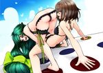  ass bikini black_bikini blush breasts brown_eyes brown_hair butt_crack cosplay drawfag garters gatchaman_crowds green_eyes green_hair hair_ribbon highres ichinose_hajime lace lace-trimmed_bikini long_hair low-tied_long_hair multiple_girls playing_games ribbon sexually_suggestive short_hair small_breasts swimsuit tears twister utsutsu utsutsu_(cosplay) very_long_hair 