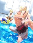  alternate_costume archer archer_(fate/prototype) arthur_pendragon_(fate) blonde_hair blue_hair carrying cu_chulainn_(fate/prototype) dark_skin dark_skinned_male fate/prototype fate/stay_night fate_(series) male_focus male_swimwear multiple_boys princess_carry swim_trunks swimwear takatukisatoru water white_hair 