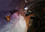  ? absurdres alien alien_(movie) child highres knife luan_(ares6792) monster original scowl sleeping solo_focus stuffed_animal stuffed_toy teddy_bear translated xenomorph 