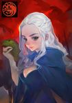  a_song_of_ice_and_fire breasts cape cleavage cloak daenerys_targaryen dragon game_of_thrones green_eyes jewelry long_hair medium_breasts rhaegal ring truelion white_hair 