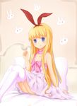  amae_koromo animal_print arm_support bad_id bad_pixiv_id bed blonde_hair blue_eyes blush bow bunny_print detached_collar dress flat_chest hairband hand_up highres leikangmin licking_lips long_hair looking_at_viewer pink_bow ribbon saki sitting smile solo thighhighs tongue tongue_out white_dress white_legwear white_pillow 