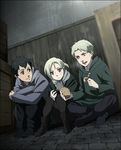  2boys :d against_wall annie_leonhardt bertolt_hoover black_hair blonde_hair blue_eyes dutch_angle grey_eyes hood hooded_sweater long_sleeves looking_to_the_side multiple_boys natuichi-7212 open_mouth reiner_braun shingeki_no_kyojin sitting smile sweater wall 