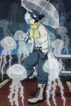  boots clear_(dramatical_murder) dramatical_murder gas_mask gloves jellyfish labcoat male_focus mask mask_removed neowls scarf smile umbrella white_hair 