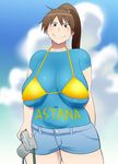  bikini_top blush bodypaint breasts breasts_apart brown_eyes brown_hair camera cloud curvy day high_ponytail huge_breasts long_hair momoe_maria navel ookiku_furikabutte ponytail sagging_breasts short_shorts shorts sky solo tetrodotoxin 