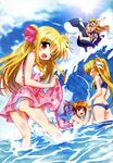  ;d absurdres alicia_testarossa arisa_bannings ass barefoot blonde_hair blush casual_one-piece_swimsuit cloud day dress fate_testarossa frilled_swimsuit frills half_updo highres holding_hands inflatable_orca inflatable_toy innertube kawakami_shuuichi long_hair lyrical_nanoha mahou_shoujo_lyrical_nanoha_innocent multiple_girls ocean official_art one-piece_swimsuit one_eye_closed open_mouth outdoors purple_eyes purple_hair red_eyes red_hair scan skirt_hold sky smile sun swimming swimsuit takamachi_nanoha tankini teaching tsukimura_suzuka twintails wading water waves 