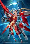  aqua_eyes blonde_hair breasts brown_hair cable floating_hair full_body gun headgear holding holding_gun holding_weapon lights long_hair looking_at_viewer mecha_musume mechanical_wings medium_breasts navel open_mouth original outstretched_arm planet red_wings smile solo space space_craft star_(sky) stomach takayama_toshiaki twintails weapon wings 