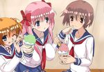  bad_id bad_pixiv_id blue_eyes blush brown_hair eating haramura_nodoka kataoka_yuuki miyanaga_saki multiple_girls namasu? one_eye_closed pinching pink_hair ribbon saki school_uniform serafuku shaved_ice short_hair sitting smile twintails 