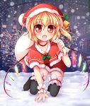  all_fours argyle argyle_background ascot baku-p blonde_hair blush capelet christmas fang flandre_scarlet hat hat_ribbon open_mouth red_eyes ribbon sack short_hair side_ponytail skirt skirt_set smile snow solo touhou wings wrist_cuffs 