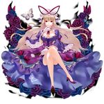  absurdres blonde_hair breasts bug butterfly cleavage crossed_legs dress fan finger_to_mouth flower gloves hat highres insect large_breasts legs long_hair looking_at_viewer naughty_face red_eyes rose sitting solo thighs touhou white_gloves yakumo_yukari zen_(raspberry) 