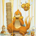  buizel cake combee cup eating food food_on_body fur gen_4_pokemon guodon honey milk milk_bottle multiple_tails no_humans pancake pokemon pokemon_(creature) pudding simple_background smile swiss_roll tail white_background wings 
