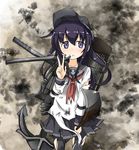  :&lt; abe_kanari akatsuki_(kantai_collection) anchor hat kantai_collection long_hair pantyhose purple_eyes purple_hair school_uniform serafuku skirt solo torn_clothes torn_legwear v 