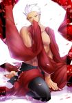  archer bad_id bad_pixiv_id barefoot cloth dark_skin dark_skinned_male fate/stay_night fate_(series) grey_eyes highres male_focus mouth_hold shirtless solo washizu0808 white_hair 