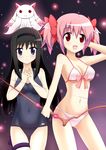  akemi_homura animal animal_on_head bikini black_eyes black_hair blush bow_(weapon) breasts cleavage covered_navel front-tie_top hairband holster junk_doppel kaname_madoka kyubey long_hair mahou_shoujo_madoka_magica medium_breasts multiple_girls navel on_head one-piece_swimsuit open_mouth pink_hair red_eyes school_swimsuit short_hair smile swimsuit thigh_gap thigh_holster twintails weapon 