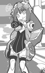 blood bow camera candy_crown character_request eric_muentes flat_chest gloves greyscale hair_bow maid_headdress monochrome nosebleed phantasy_star phantasy_star_online_2 solo thighhighs trembling 