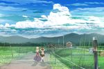  bad_id bad_pixiv_id bag blonde_hair blue_sky brown_hair cloud day dress fence field hat highres house kyoto landscape maribel_hearn mountain multiple_girls purple_dress real_world_location road shirt shoulder_bag skirt sky tokoroten_(hmmuk) touhou usami_renko walking 