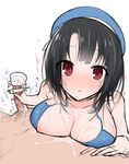 1girl batsubyou bikini black_hair blush breasts censored character_censor cleavage covered_nipples cum cum_on_body cum_on_breasts cum_on_upper_body error_musume girl_holding_a_cat_(kantai_collection) handjob hat heart hetero kantai_collection large_breasts looking_at_viewer nipple_slip nipples novelty_censor penis red_eyes short_hair solo_focus swimsuit takao_(kantai_collection) yuuhi_homare 