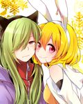  :/ animal_ears blonde_hair bunny_ears cat_ears green_hair grey_eyes hair_over_one_eye highres hood hoodie kagerou_project kido_tsubomi kisaragi_momo long_hair multiple_girls ocha_(hutuumikan) pink_eyes short_hair smile sweatdrop 