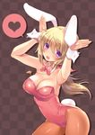  1girl :o animal_ears arched_back arms_up blonde_hair blush bow bowtie breasts bunny_ears bunny_tail bunnysuit charlotte_dunois checkered checkered_background cleavage cowboy_shot detached_collar fake_animal_ears heart infinite_stratos jewelry large_breasts leotard long_hair necklace pantyhose pink_leotard ponytail purple_eyes solo spoken_heart tail wrist_cuffs 