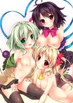  ahoge ass asymmetrical_wings black_hair black_legwear blonde_hair blush bottomless bow breast_rest breasts breasts_on_head eyeball flandre_scarlet green_eyes green_hair hair_bow houjuu_nue komeiji_koishi large_breasts long_hair looking_at_viewer multiple_girls navel nipples nironiro nude off_shoulder open_clothes open_shirt red_eyes shirt short_hair side_ponytail small_breasts smile stage_connection thighhighs third_eye touhou wings 
