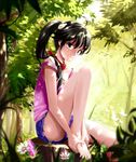  ahoge araragi_karen bakemonogatari barefoot black_hair bug butterfly dappled_sunlight egg flower forest hair_ornament hands_on_feet insect legs long_hair long_legs looking_at_viewer monogatari_(series) mr_cloud nature off_shoulder scarf side_ponytail sitting skirt smile solo sunlight yellow_eyes 