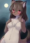  animal_ears blush breasts brown_hair embarrassed full_moon fur furry imaizumi_kagerou kagerofu long_hair medium_breasts moon navel night no_nipples open_mouth red_eyes tail touhou werewolf wolf_ears wolf_tail 