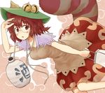  alcohol animal_ears blush bottle breasts brown_eyes brown_hair futatsuiwa_mamizou glasses hat hemoglo leaf leaf_on_head medium_breasts pince-nez raccoon_ears raccoon_tail sake short_hair skirt smile solo tail touhou 