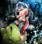  1girl blue_eyes blue_hair breasts coiled frog hatsune_miku highres kunoichi_demo_koi_ga_shitai_(vocaloid) low_twintails nipples open_mouth panties pink_panties project_diva_(series) scared shorts small_breasts tongue topless tsukishiro_saika twintails unbuttoned underwear vocaloid vore 