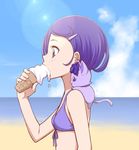  animal animal_on_shoulder beach bikini bikini_top blue_sky cat_on_shoulder cloud davi_(dokidoki!_precure) day dokidoki!_precure eating food hair_ornament hairclip ice_cream kenzaki_makoto ocean ogry_ching outdoors precure profile purple_eyes purple_hair short_hair sky swimsuit upper_body 