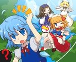  black_hair blonde_hair blue_eyes bow chestnut_mouth cirno dress drill_hair fang hair_bow inuinui long_hair luna_child multiple_girls one_eye_closed open_mouth red_eyes short_hair skirt smile star_sapphire sunny_milk theft touhou twintails wings 