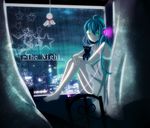  ahoge aqua_hair barefoot cat curtains digital_media_player dress green_eyes hatsune_miku indoors long_hair night sitting solo teruterubouzu vocaloid window 