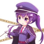  1girl bangs belt belt_buckle blush breasts buckle caution_tape collared_shirt commentary_request eyebrows_visible_through_hair gloves gochuumon_wa_usagi_desu_ka? goth_risuto hair_between_eyes hair_ornament hairclip hand_on_hip hat holding jacket keep_out long_hair long_sleeves looking_away necktie parted_lips peaked_cap pink_neckwear purple_eyes purple_hair purple_hat purple_jacket red_belt shirt simple_background small_breasts solo tedeza_rize twintails upper_body v-shaped_eyebrows very_long_hair white_background white_gloves white_shirt 