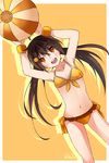  ahoge arancia armpits arms_up ball beachball bikini blush breasts brown_hair character_name cleavage hair_ornament highres long_hair myuto_(advent_retribution) open_mouth orange_background orange_eyes original small_breasts solo swimsuit twintails 
