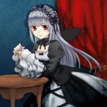  asababa_kure bad_id bad_pixiv_id black_wings curtains detached_collar dress frills gothic_lolita hairband highres lolita_fashion lolita_hairband long_hair red_eyes ribbon rozen_maiden silver_hair solo suigintou table wings 