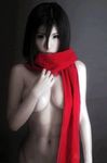  1girl abs black_hair breasts cosplay mikasa_ackerman naked_scarf nude photo scarf shingeki_no_kyojin short_hair solo 